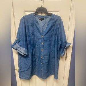 CZ Collection Denim Chambray 2X Roll Tab Sleeve Button Front Vneck